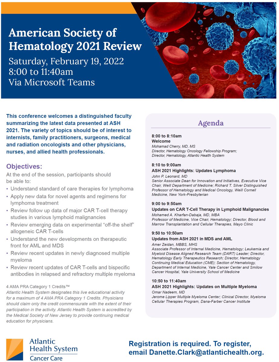 DrMCherry's tweet photo. I am delighted to invite you to our annual - Morristown Medical Center - Post-ASH review that will take place virtually on February 19th, 2022. 
Please register: See details in the flyer below.

Thank you https://t.co/XydyQ72j72