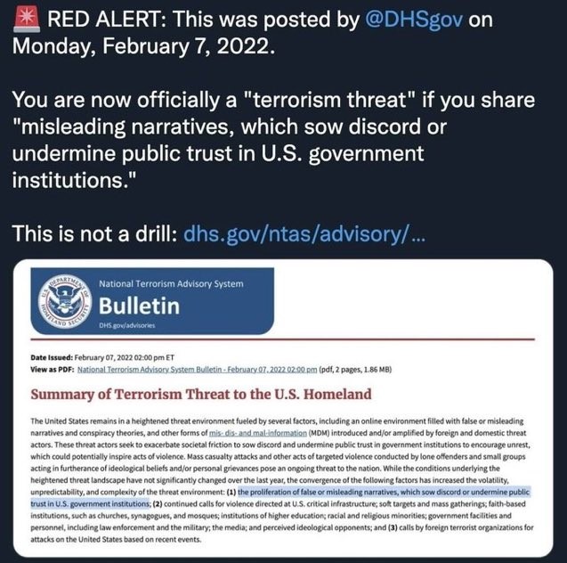mercola's tweet photo. If you undermine trust of the US government, you might be a terrorist. https://t.co/Avb37GHY9M