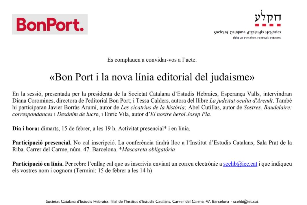 SCEHebraics's tweet photo. La Societat Catalana d’Estudis Hebraics i l’editorial Bon Port es complauen a convidar-vos a l’acte: «Bon Port i la nova línia editorial del judaisme», dimarts, 15 de febrer, a les 19 h. Activitat presencial i en línia. https://t.co/Cf052dTFOV