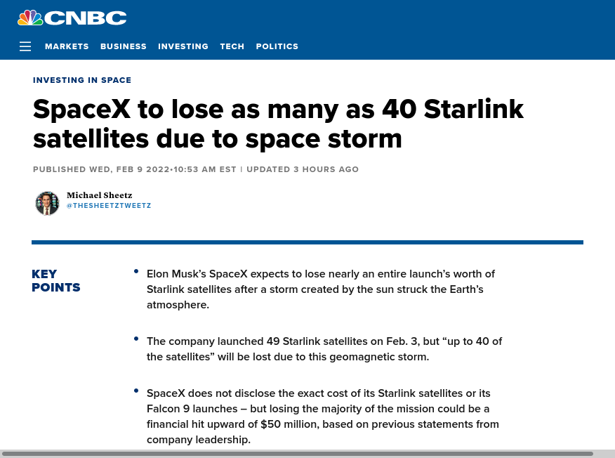 ikluft's tweet photo. "#SpaceX to lose as many as 40 Starlink satellites due to space storm" by @CNBC/@thesheetztweetz - solar storm caused Earth's atmosphere to briefly expand, swatting down 40 newly-launched #Starlink satellites in low orbit for deployment https://t.co/uu02vze2oU #business #commsat https://t.co/fUdcU9BfEF