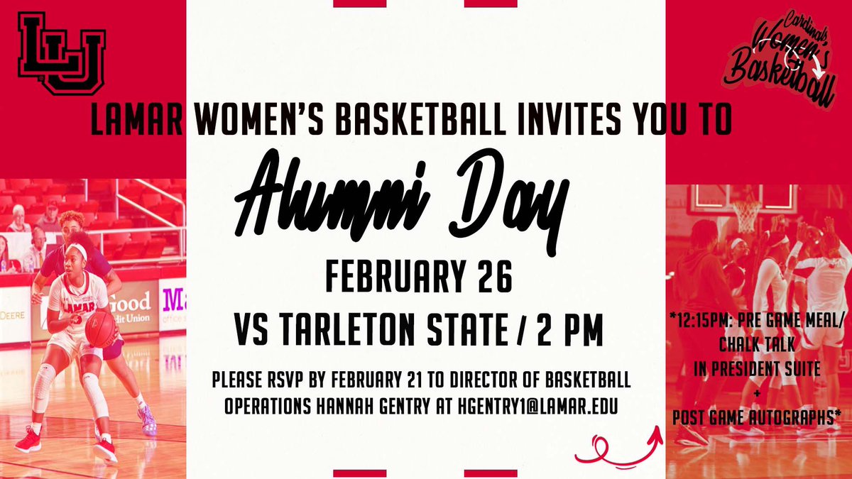 LamarWBB's tweet photo. ❕Calling all Lamar WBB alumni ❕

We want to see you at the Montagne Center when your Cardinals take on Tarleton State.

📆 Feb. 26
⏰ 2 p.m.
RSVP by February 21 to hgentry1@lamar.edu to reserve your ticket. https://t.co/F1oPXqBlSy