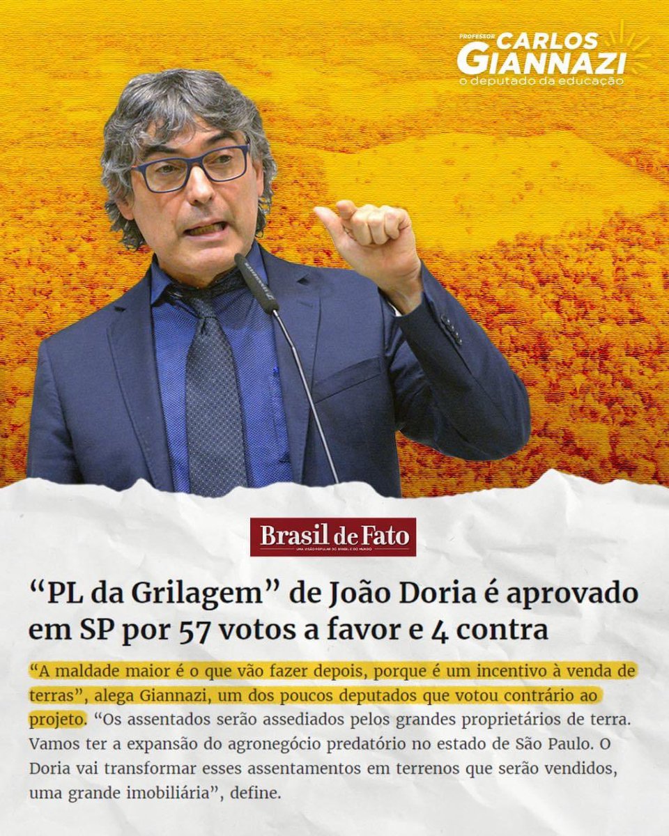 carlosgiannazi's tweet photo. ⚠️ A imprensa repercute nossa luta contra o PL da Grilagem
O #PL410, de #Doria, foi aprovado na Alesp. Durante a sessão, caracterizei o perverso projeto como “a privatização da reforma agrária” e que estão em risco a agricultura familiar e a segurança alimentar no estado de SP. https://t.co/z6ZRyxS8GU