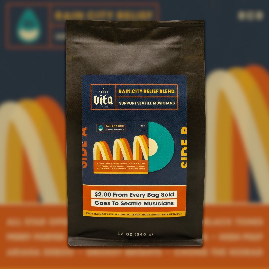 RainCityRelief's tweet photo. ☕️ @CaffeVita x @RainCityRelief blend now available‼️

Vita’s RCR blend donates $2 per bag to support the Seattle music community via Rain City Relief ☔️ https://t.co/T7hBbvf7x3