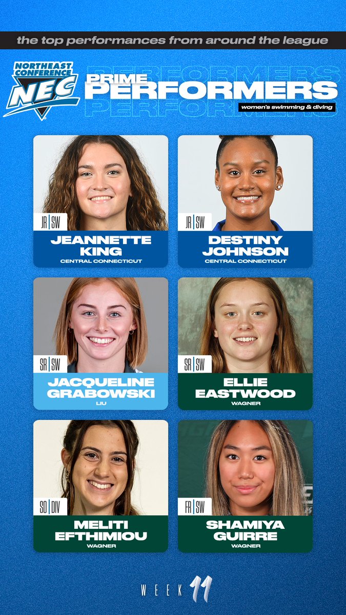 necswimdive's tweet photo. 🗣️ #NECWSWIMDIVE Prime Performers for Week 11

Jeannette King, @CCSUBlueDevils 
Destiny Johnson, @CCSUBlueDevils 
Jacqueline Grabowski, @LIUAthletics 
Ellie Eastwood, @WagnerAthletics
Meliti Efthimiou, @WagnerAthletics
Shamiya Guirre, @WagnerAthletics https://t.co/HhnQvfE1qR