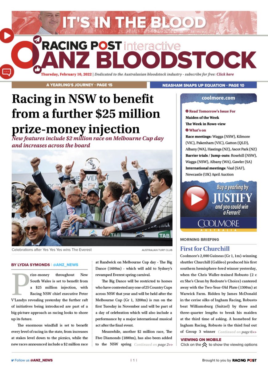 TODAY in @anz_news 📮🐎 ⭕️ NSW racing to benefit from a further $25m prize-money injection. ⭕️ It's In The Blood 🐎🩸 ⭕️ A Yearling's Journey with @Fenwick_Farm - following the breaking in process. ⭕️ 🇭🇰 @zpurton slashes Moreira's lead. 👀🗞🔗👉🏼 bit.ly/3rD3fRZ
