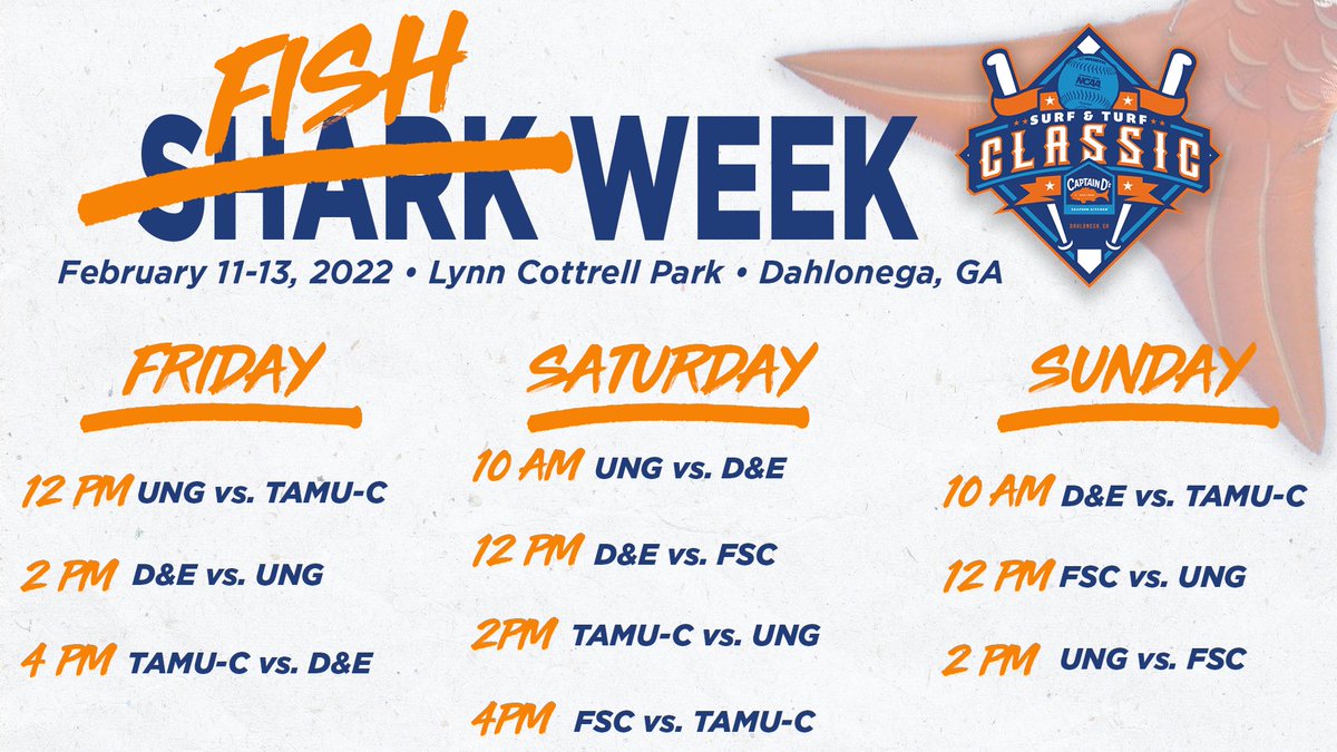 UNGSoftball's tweet photo. When you see the 
Big Orange Fins…you know it’s time for the Captain D’s Surf &amp; Turf Classic as we Welcome:
@FSC_Softball
@SenatorsSB 
@Lion_Softball

#ThrowSomeDsOnIt🐠 
#FishWeek🐟 https://t.co/vRjzuV0Rml