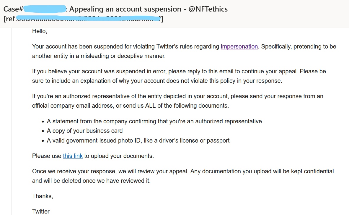 NFT_ethics's tweet photo. Twitter suspended our previous account for violating their rules regarding “impersonation”. We don’t know what they meant by that and have appealed the decision also asking for clarification. Today we heard that back that our account @NFTethics will remain suspended. No idea why. https://t.co/kBl2GZYJny