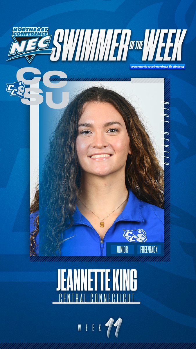 necswimdive's tweet photo. 🏅 #NECWSWIMDIVE Swimmer of the Week 🏅

🏊‍♀️ Jeannette King, @CCSUBlueDevils 

🌊 King posted the fastest times in the conference in the 50 back (26.82) and the 100 free (52.39) this past week. She is currently ranked 7th overall in the 50 back &amp; 5th in the 100 free in the NEC. https://t.co/RceyJSs7vW