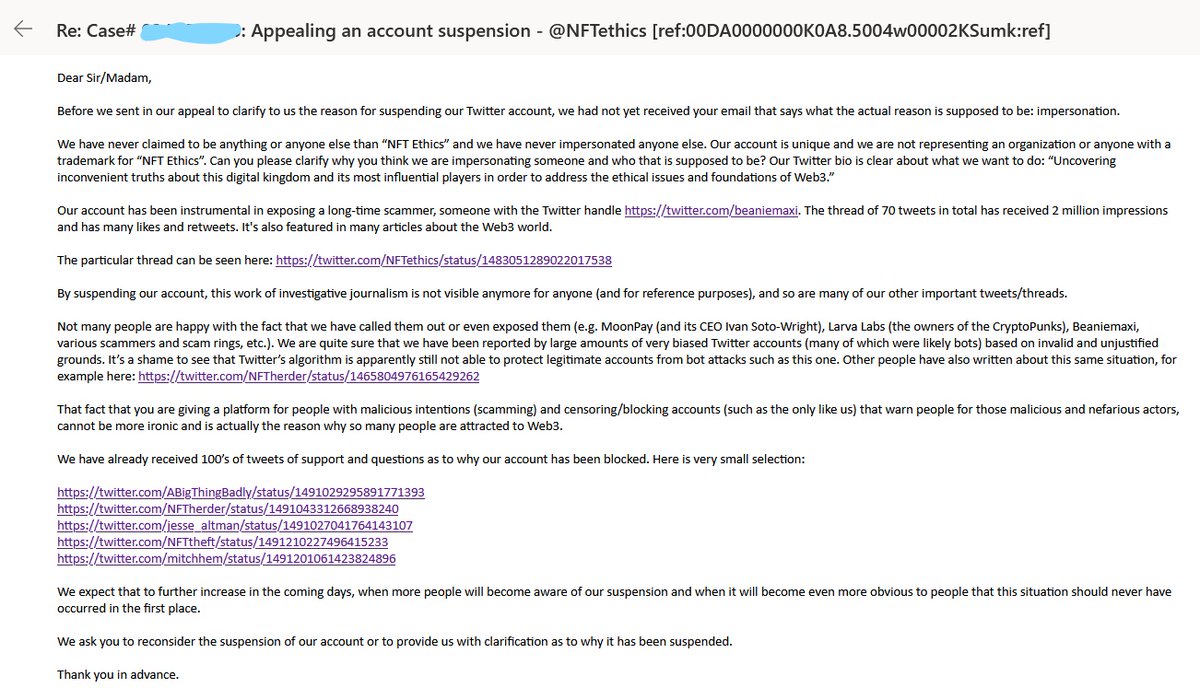 NFT_ethics's tweet photo. Twitter suspended our previous account for violating their rules regarding “impersonation”. We don’t know what they meant by that and have appealed the decision also asking for clarification. Today we heard that back that our account @NFTethics will remain suspended. No idea why. https://t.co/kBl2GZYJny