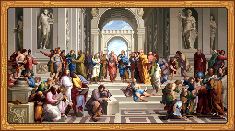 The School of Athens in pixels. 
commission i did 1.5 year ago for Chinatown Detective Agency :D
that was quite a challenge
#pixelart