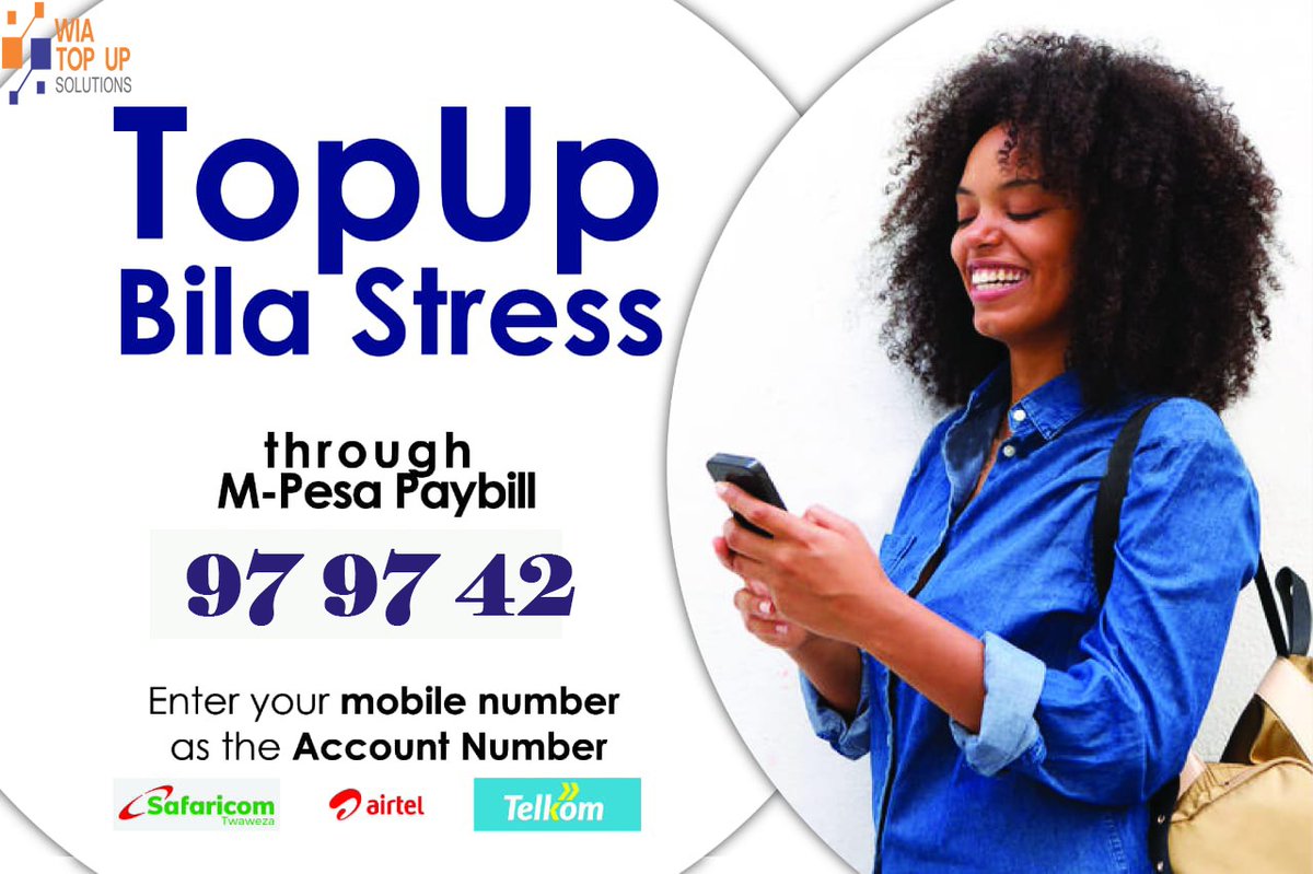 wiatopsolutions's tweet photo. Always use efficient ways to Top up Airtime bila stress
Go to;
๐Lipa Na Mpesa
๐Paybill 979742
๐ Account Number;(Your No.)
Muchai Jesus #5thStrongestBankingBrand #MyIDMyRight Ruto Munya #JKLive https://t.co/x6dgLdRW0B