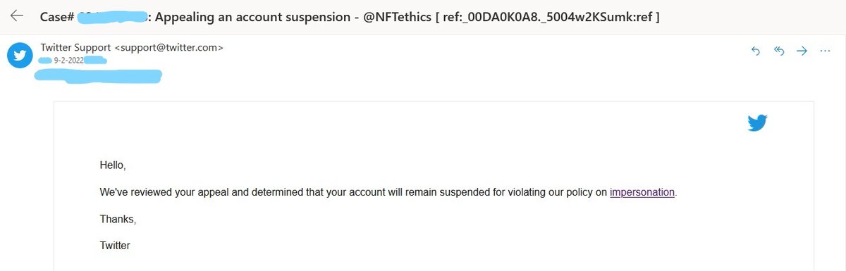 Twitter suspended our previous account for violating their rules regarding “impersonation”. We don’t know what they meant by that and have appealed the decision also asking for clarification. Today we heard that back that our account <a href="/NFTethics/">NFT Ethics</a> will remain suspended. No idea why.