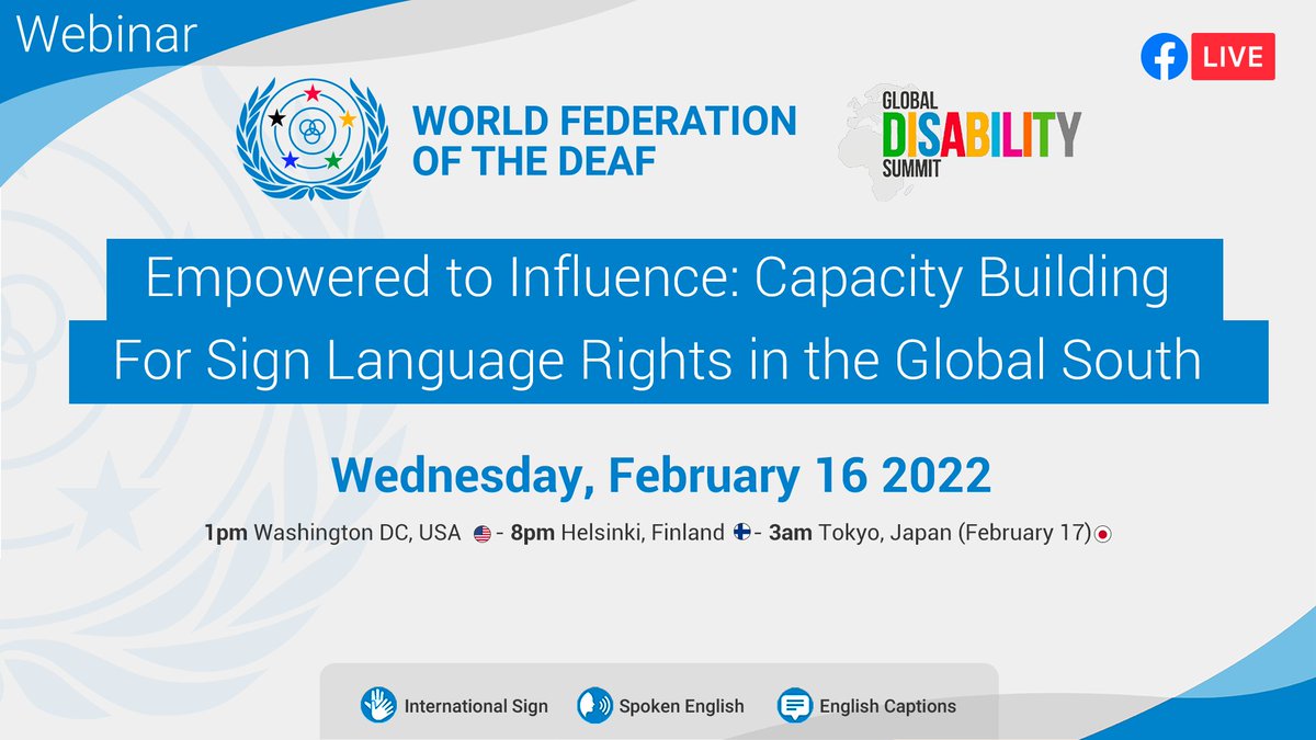 🗓️Don't miss our <a href="/GDS_Disability/">Global Disability Summit</a> Side Event on the 1️⃣6️⃣February!
This side event aims to encourage #signlanguage recognition campaigns in the Global South.
Several panelists from the Global South will share their experiences.
➡️fb.me/e/2VYT4RYHg
#CommitToChange #GDS2022