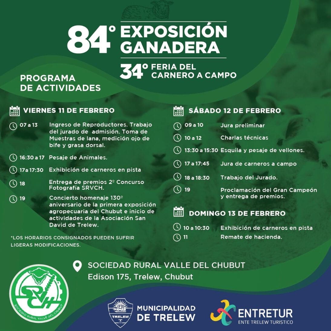 srvch's tweet photo. 📣 Te dejamos el cronograma nuestra #84°ExposiciónGanadera y #34°Feriadelcarneroacampo 🐑
Recordá que durante la expo lo vas a poder consultar en los QR que estarán en distintos puntos del predio. https://t.co/UHmZ5TEG3l