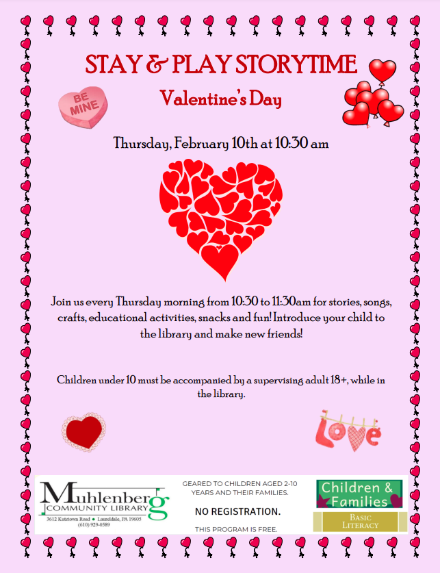 MuhlenbergLib's tweet photo. Join Ms. Melissa at 10:30am this Thursday for a Valentine's Day Storytime https://t.co/WZczYzPBUF