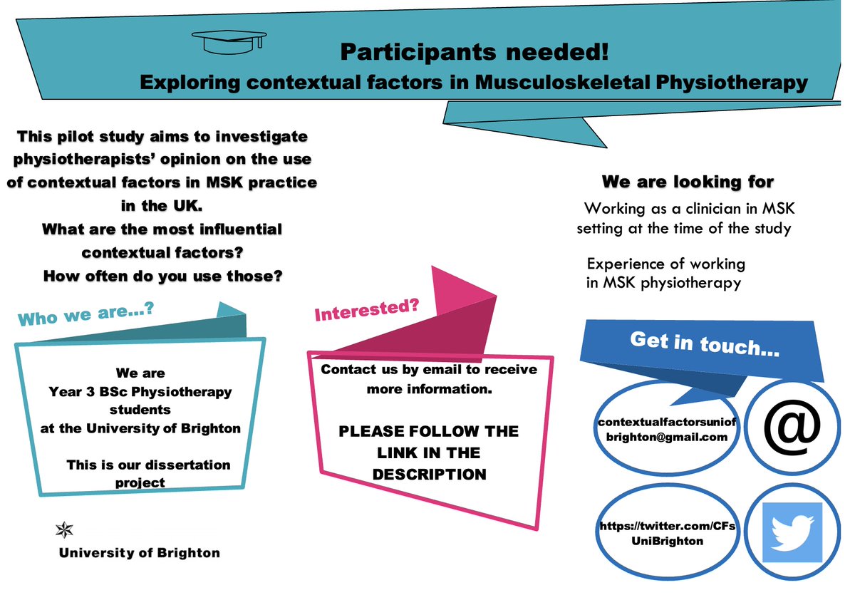 CFsUniBrighton's tweet image. Research Project - Participants needed please! Exploring the use of Contextual Factors in Musculoskeletal Physiotherapy

brighton.onlinesurveys.ac.uk/consent-form-a…

#MSKPhysio 

#MSKPhysiotherapy 

#MusculoskeletalPhysio 

#MusculoskeletalPhysiotherapy  

#MSKPhysioResearch