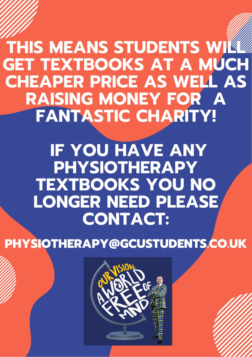 GCUPhysioSoc's tweet photo. ‼️ PLEASE SHARE AND SPREAD THE WORD IN YOUR WORKPLACE ‼️

If you have any physiotherapy textbooks lying around collecting dust please donate them to us!! We are planning on raffling them off to students for a much cheaper price and giving ALL money to the @MNDoddie5 charity 🤩 https://t.co/5wclqgyq4s