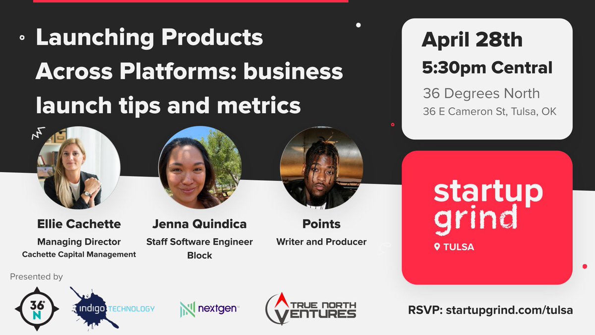 DesireeCachette's tweet image. Panel 4/28 join me, a Hawaiian dev, and a Grammy nominated writer in #tulsa #buildintulsa

startupgrind.com/events/details…