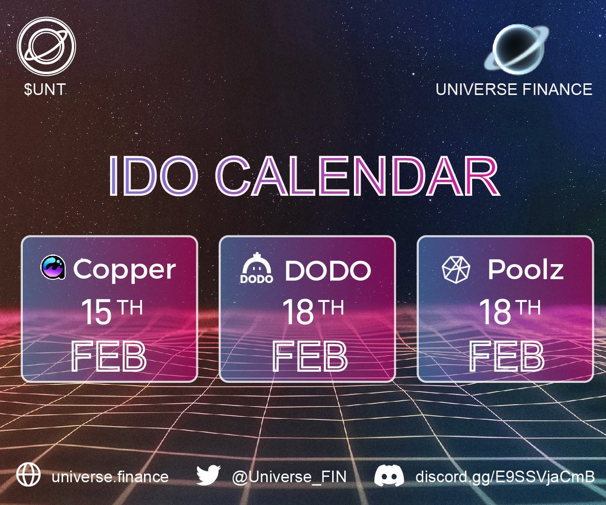 Universe_FIN's tweet photo. ⚡️ We are excited to announce that we are going to launch our $UNT #IDO on @Poolz__ @CopperPlatform @BreederDodo 🔥🔥 @balintern

🔷Copper Starting Date: 15th Feb
🐤Dodo &amp; Poolz Starting Date: 18th Feb

☎️ Join：https://t.co/f1oGPEJX0R
💻 More details coming soon！ https://t.co/J5DZ24SjGc