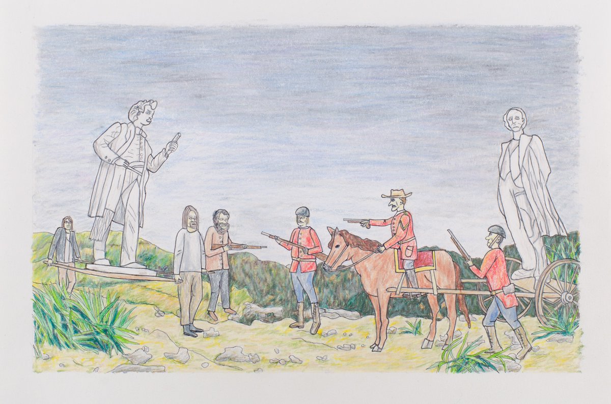 Mario Doucette's drawing and paintings reflect on the effects of colonialism. In 2008 he was a finalist for the prestigious Sobey Art Award and his work has been exhibited across Canada. Bid on 'Battle of the Statues (Louis Riel vs John A. MacDonald)' @ sweetestlittlething.ca 💖