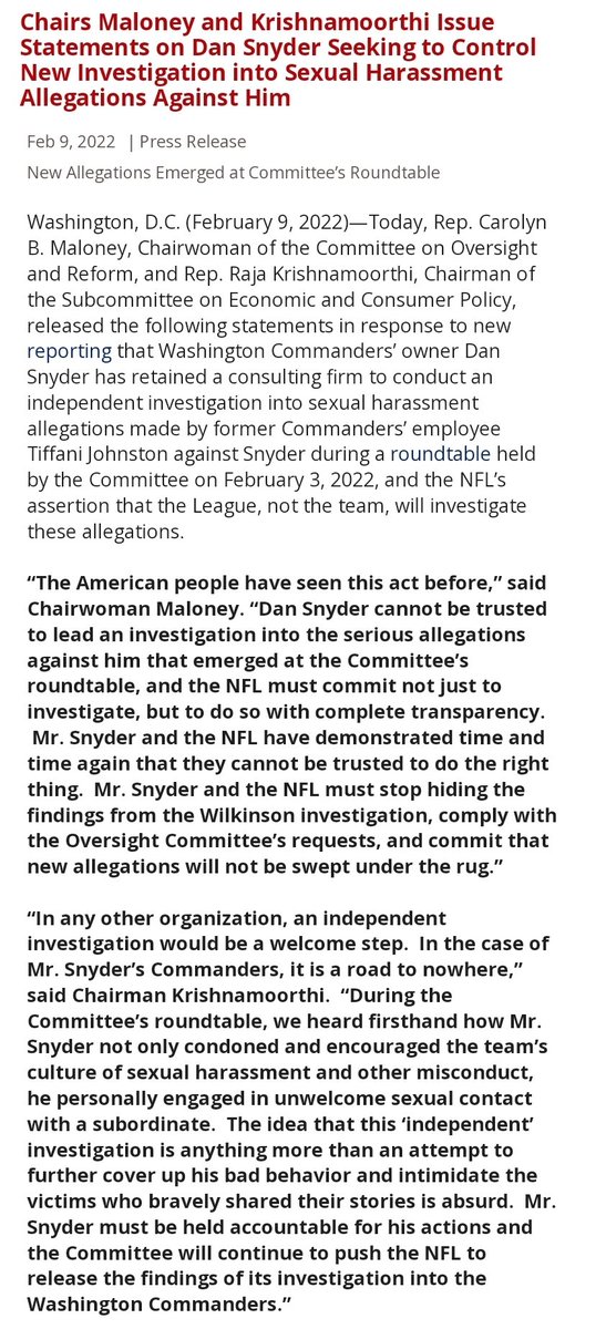 BenStandig's tweet photo. Congress weighs in.

“Mr. Snyder and the NFL have demonstrated time and time again that they cannot be trusted to do the right thing." https://t.co/lqPiAKfQkJ