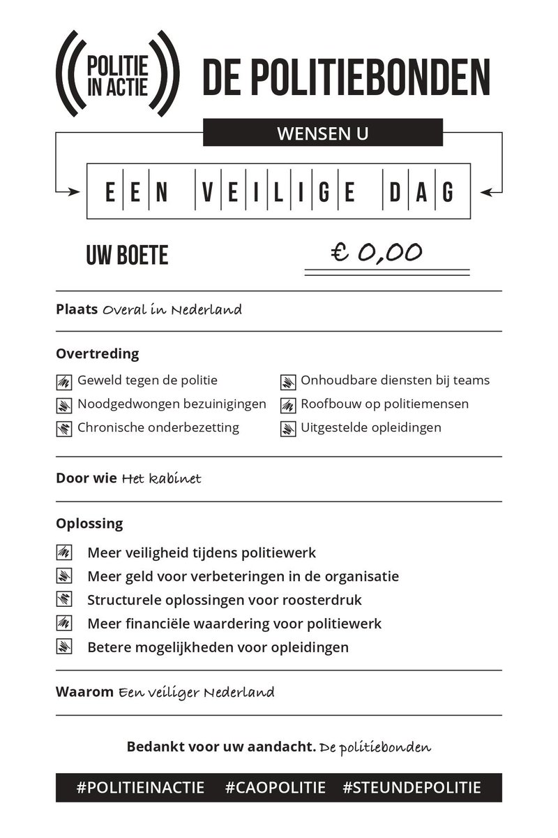 politieacties's tweet photo. Sinds vandaag schrijven politiemensen alleen nog bekeuringen als het echt te gek is wat u deed. Andere overtredingen kunnen worden afgedaan met deze alternatieve bon! Heeft u er eentje ontvangen? Post hem op social media met: #GeenBon. 
#politieinactie #caopolitie #steundepolitie https://t.co/S6BqbJwnLn