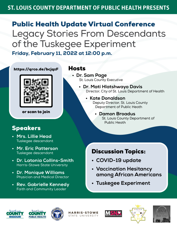StLCountyDOH's tweet photo. REMINDER: This Friday at 12pm, DPH is hosting a Black History Month public health update virtual session. We will be joined by descendants of the Tuskegee Syphilis Study to put a spotlight on public health and connect generations from Tuskegee who are working to build back trust. https://t.co/I9gHViWDt0