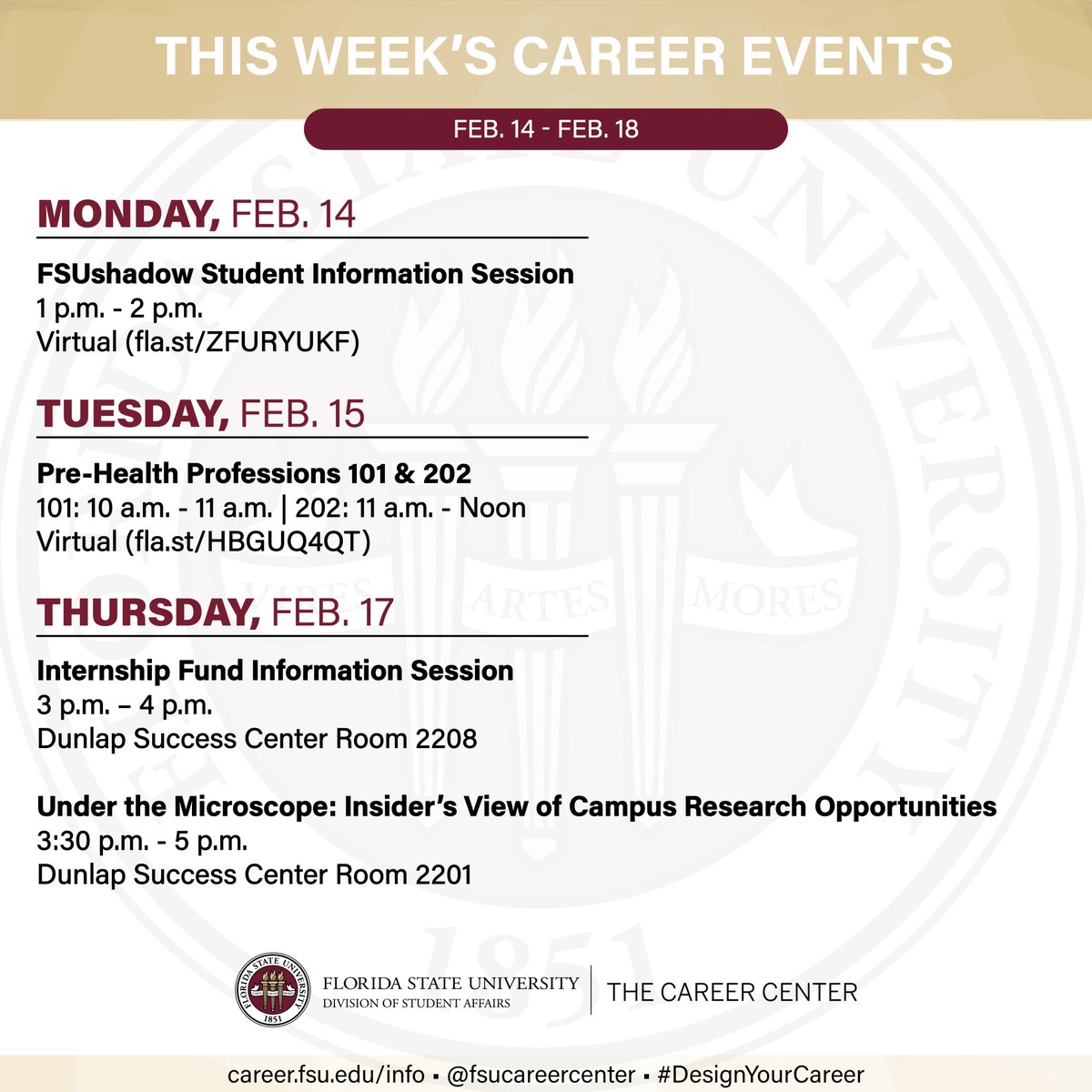FSUCareerCenter's tweet photo. In addition to Pre-Health Professions 101 &amp; 202, we've got more info sessions coming up this week for both #FSUshadow (deadline to apply: Feb. 16) and the Internship Fund (deadline to apply: March 8)! #DesignYourCareer

Details &amp; full calendar: https://t.co/Fi4xzzhWxe https://t.co/TFjAfonsFs