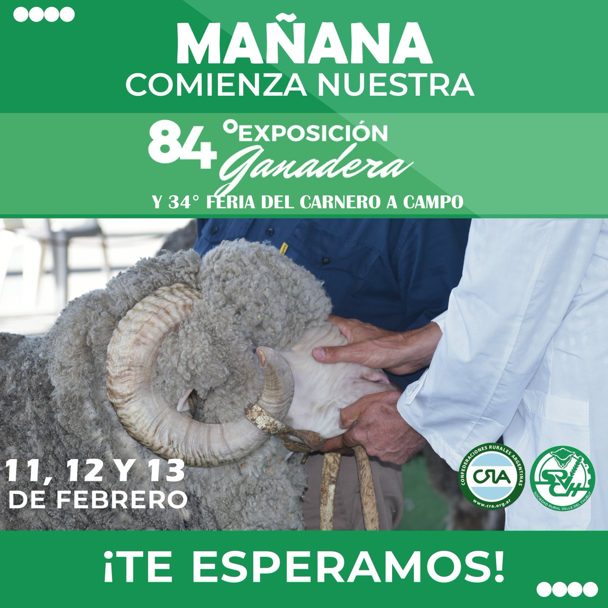 srvch's tweet photo. 🙌 Mañana comienza nuestra #84°ExposiciónGanadera y #34°Feriadelcarneroacampo 🐑
¡Acercate a disfrutar de este evento para toda la familia!

📍 Los esperamos este 11, 12 y 13 de febrero en el predio de La Sociedad Rural Valle del Chubut https://t.co/7CDBCTItAs