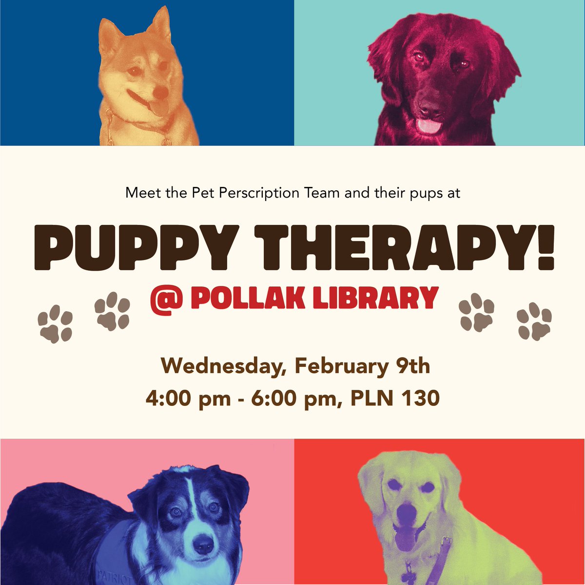 pollaklibrary's tweet photo. Paws for a few minutes and relax with some furry friends!  Today!  4pm-6pm!  Pollak Library!  #pollakpups #TitansReachHigher #pollaklibrary #CSUF @framvirjee  @itsreallyjules https://t.co/oGN2AdxpjT