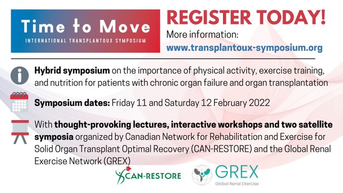 Only a couple of days away from the <a href="/TransplantouxS/">Transplantoux Symposium</a> with a Satellite Symposium from <a href="/GREXercise/">Global Renal Exercise Network</a> including: <a href="/kwilund/">ken wilund</a> <a href="/gratefull080504/">Kevin J. Fowler Principal The Voice of the Patient</a> <a href="/tomwilks444/">Dr Thomas Wilkinson</a> <a href="/Pauldialysis/">Paul Bennett</a> <a href="/Viana_JL/">João Viana</a> <a href="/LiveLaboratory/">Giorgos Sakkas PhD</a> and more 

Make sure you register here:

transplantoux-symposium.org/registration/