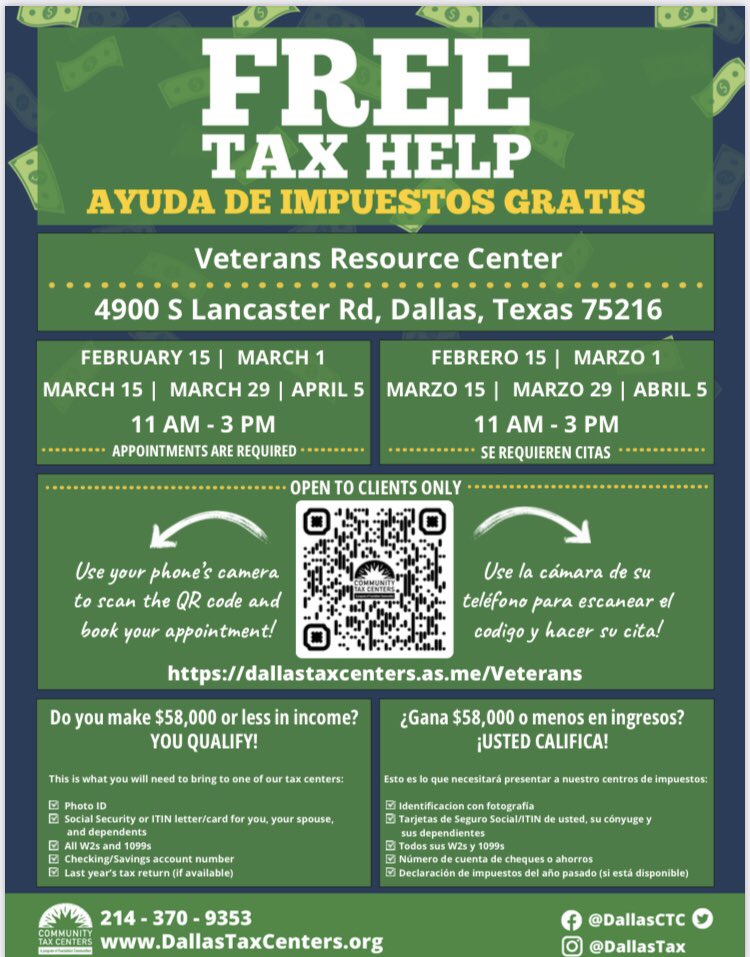 vrcdallas's tweet photo. Free tax preparation for VETERANS at the Veterans Resource Center. Make your appointment online. https://t.co/T8Uqbbcp4W