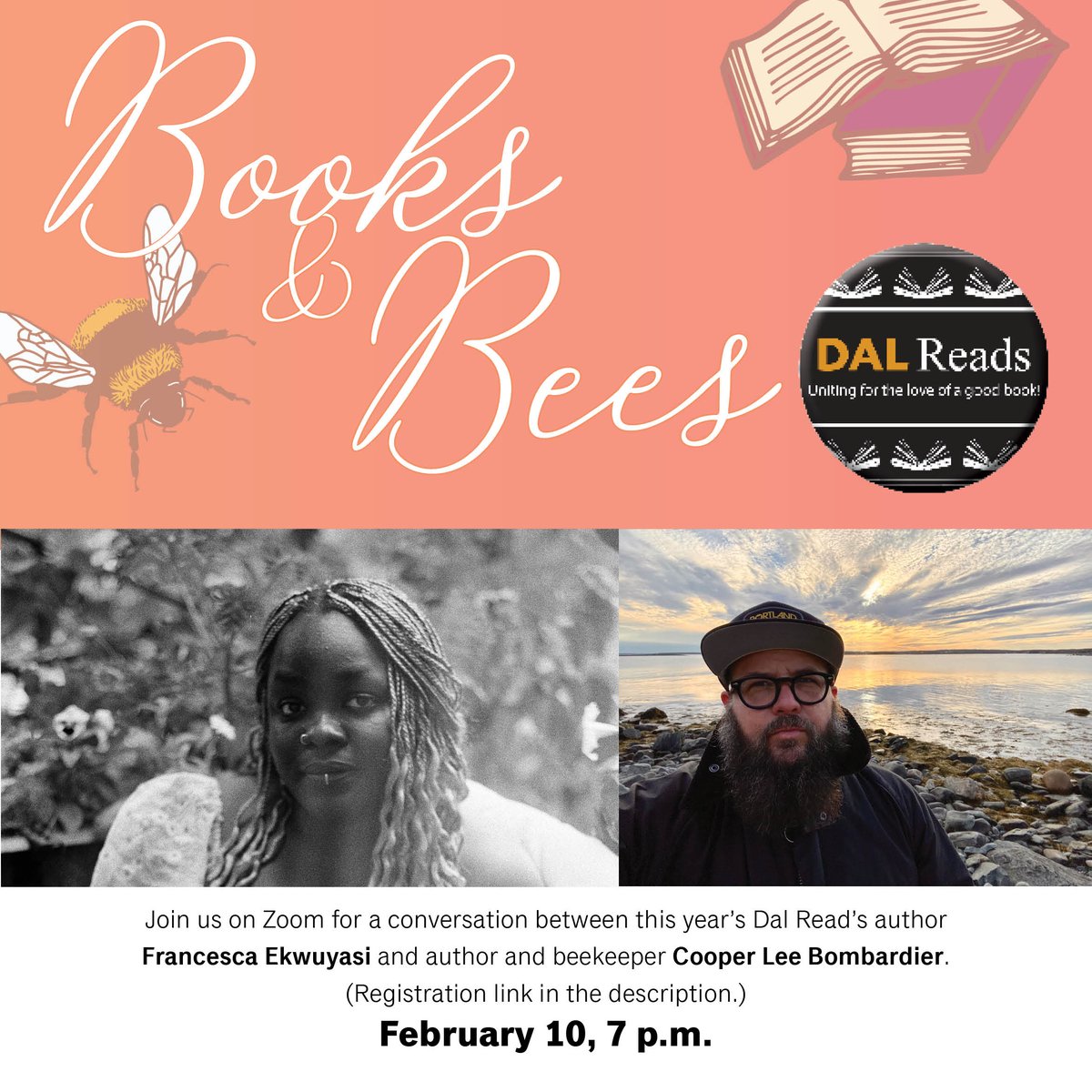 DalhousieU's tweet photo. Tomorrow at 7PM, join @DalLibraries on Zoom for a conversation between Francesca Ekwuyasi, author of this year’s #DalReads book 'Butter Honey Pig Bread' and author/beekeeper Cooper Lee Bombardier. 🍯🧈🐷🍞Register here: https://t.co/JiZoVgEaH7 https://t.co/qKrxVqIVFy
