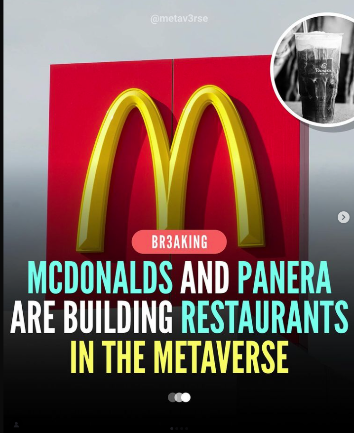 MetaEstateIO's tweet photo. McDonalds and Panera are making restaurants in the Meta Verse!
We should collab with them lol👀

Source : https://t.co/CafMsEDL41

#NFT #Metaverse #MetaverseNFT #NFTCommunity https://t.co/PmIiYGsE1t