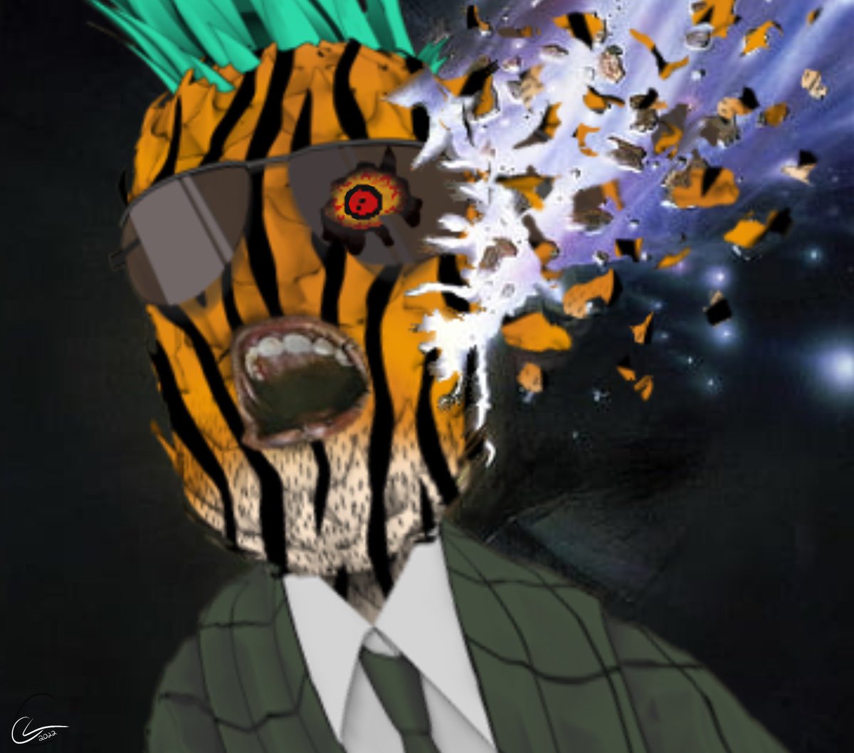 LawlessZilla's tweet photo. I’m trying to figure out all the secrecy surrounding  “The Grove” and now I have a headache from hell. @SecrtPineapple @TheRareRobot #SPS #NFT #Thetadrop #Theta #Tfuel #operationpine original art from the “Brain Damage” movie cover (1988) https://t.co/RVMCt3fH9A
