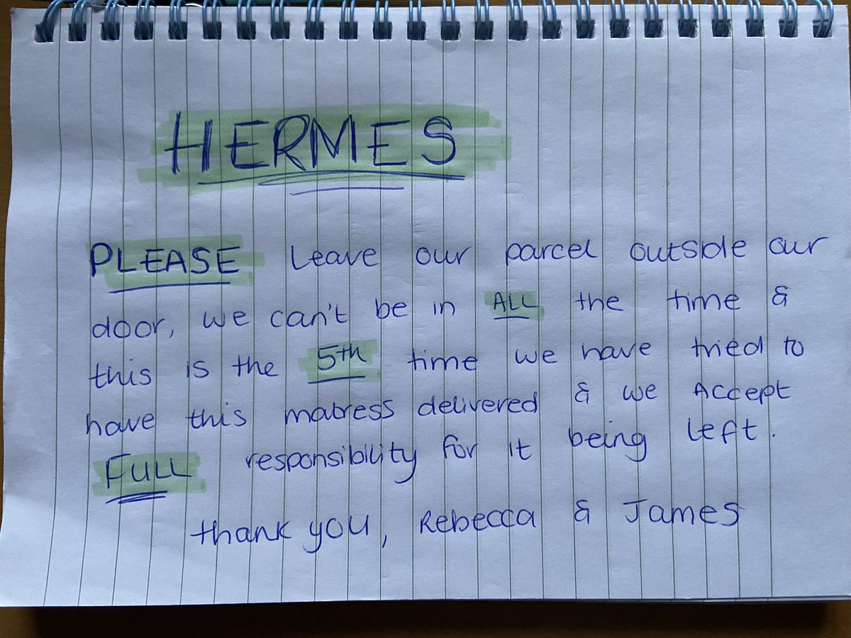 BecklesCake's tweet photo. Bit much when you have to leave something like this on your door @Hermesparcels - 5 ‘delivery attempts’ all when we have been IN. Pathetic, haven’t even tried to find our house up the path. Been waiting over 2 weeks for a mattress &amp; no customer service whatsoever. Awful. https://t.co/cm4hVk4D1R