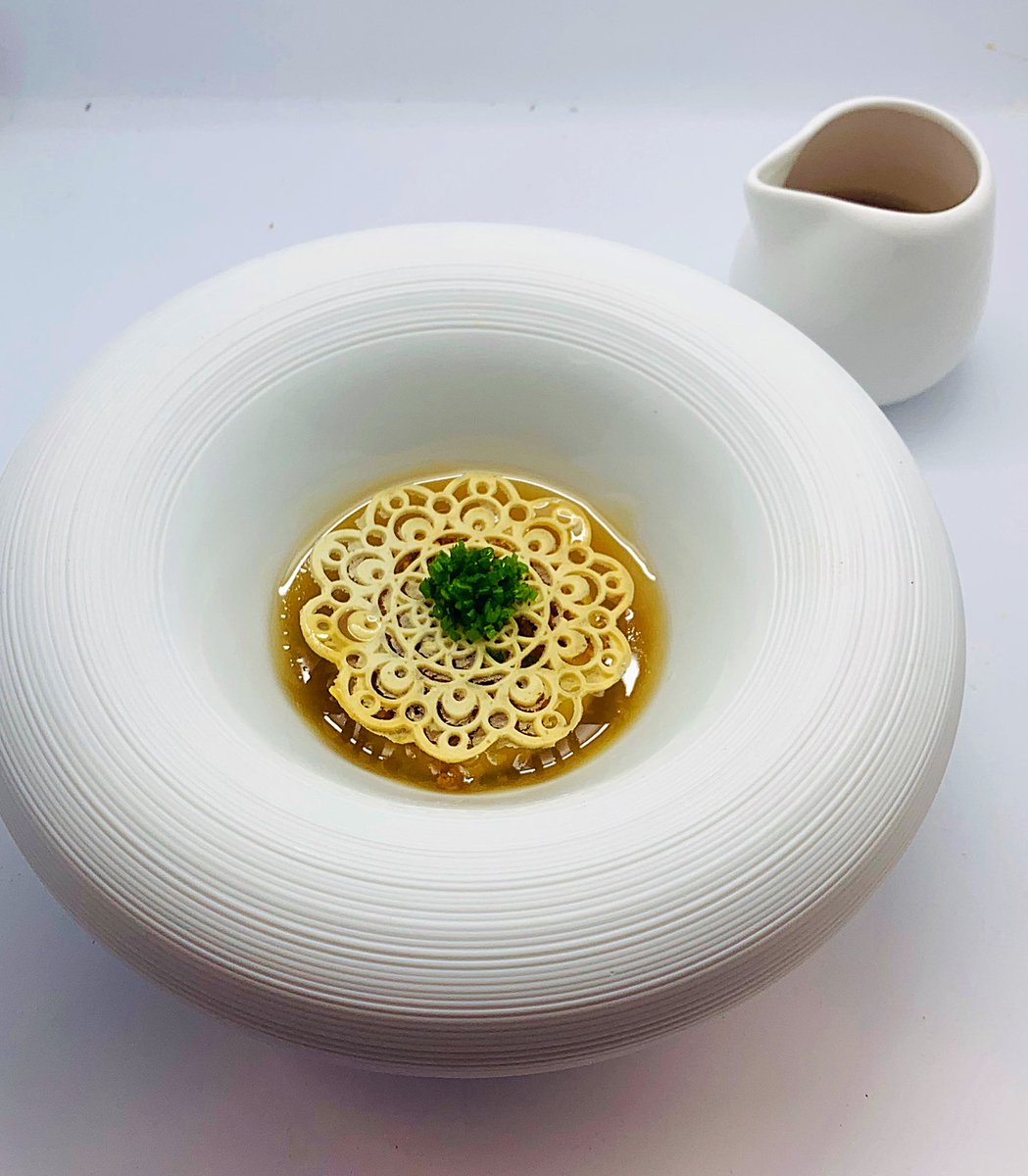kboylechef's tweet photo. Mayan Gold, Sweet Onion, 3 Year Old Parmesan,Potato Skin Consommé! #vegetablecourse #tastingmenu #newseasin #ballymakennyfarm @RestLadyAnne_ https://t.co/qTPN5JeO89