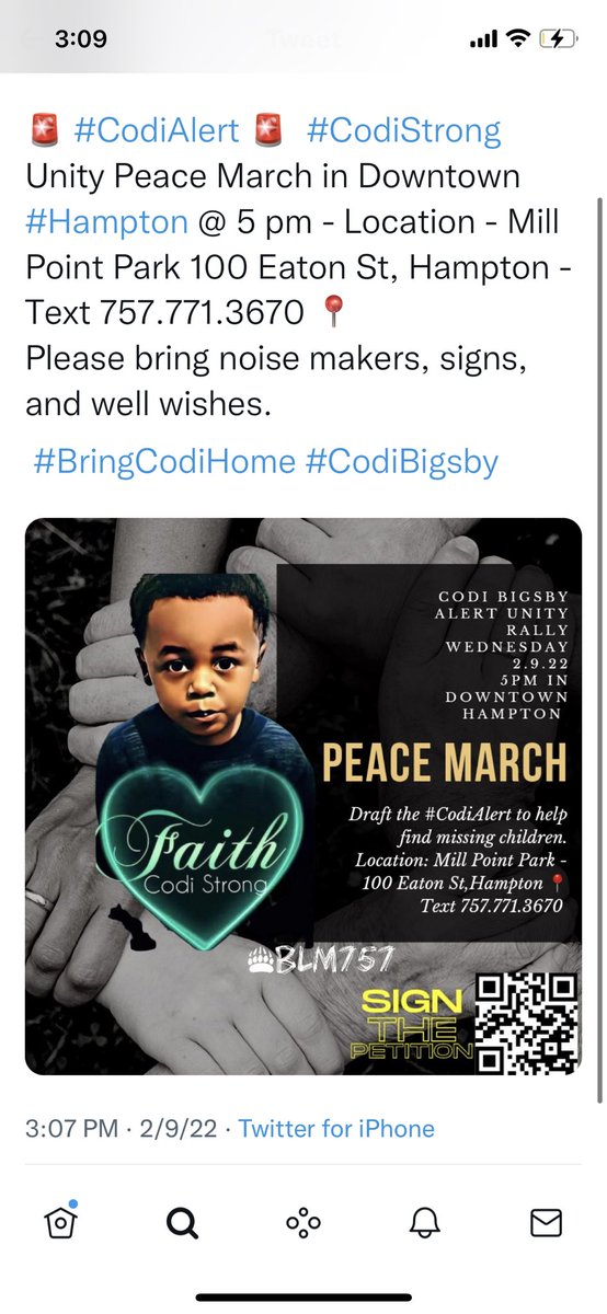 CassieS18454462's tweet photo. Unity Peace March in Downtown #Hampton @ 5 pm - Location - Mill Point Park 100 Eaton St, Hampton - Text 757.771.3670 ๐
Please bring noise makers, signs, and well wishes
#TONIGHT #Today #CodiBigsby #Share #Virginia @USOHRCV #Peace #TogetherWeCan #findcodi #Missing #CodiAlert https://t.co/4YJ7gC1iqb
