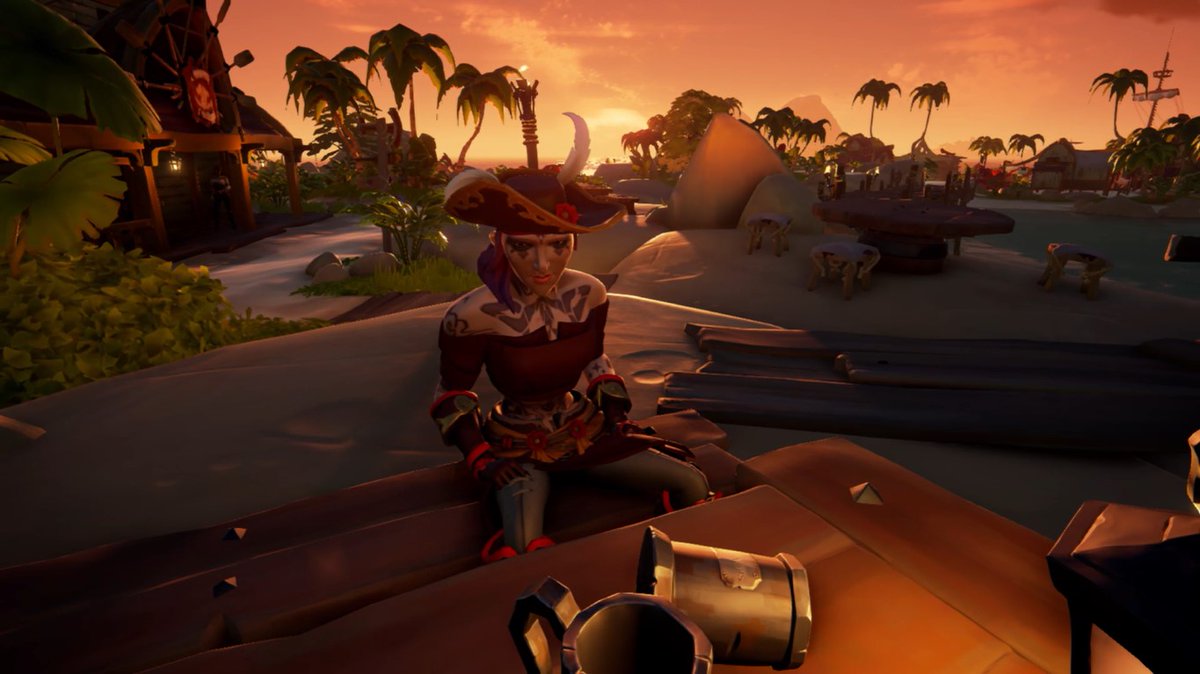 fthzntr's tweet photo. Sun's getting real low. Something evil is coming. I can feel it in my bones... This may be my last view and grog on these beautiful Golden Sands...

#SoTShot 
@SeaOfThieves https://t.co/hTi6Fs5QSg