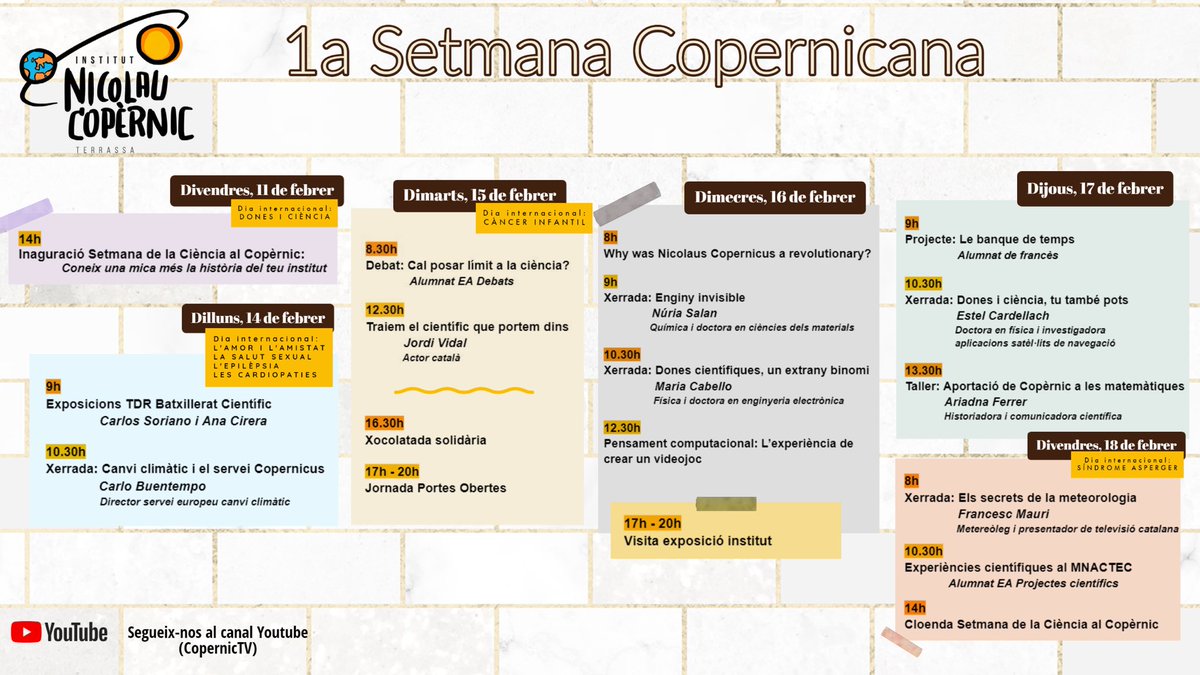 nicolaucopernic's tweet photo. Us presentem el programa definitiu de la Setmana Científica Copernicana que hem construït amb @AfaCopernic Us esperem a la primera connexió divendres 11 de febrer a les 14:00h al Canal de YoutubeCopernicTV           @CRPTerrassa @aliancesmagnet @trseducacio @cal_manquet https://t.co/klj7CgcObw