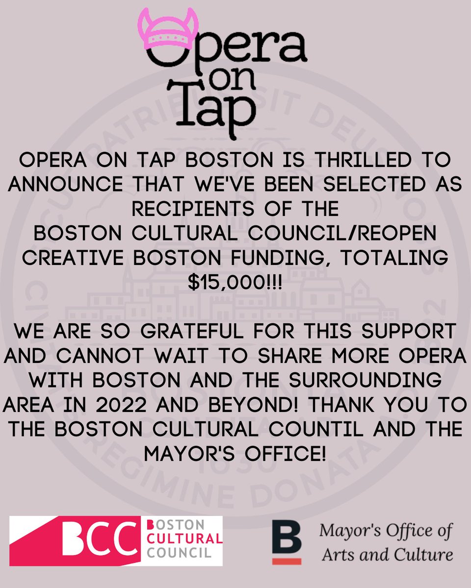 We are #thrilledtoannounce that we've been selected as recipients of the Boston Cultural Council/Reopen Creative Boston funding, totaling $15,000!!!
We are so grateful for this support and cannot wait to share more opera with you in 2022 and beyond! <a href="/artsinboston/">Mayor's Office of Arts & Culture | City of Boston</a>