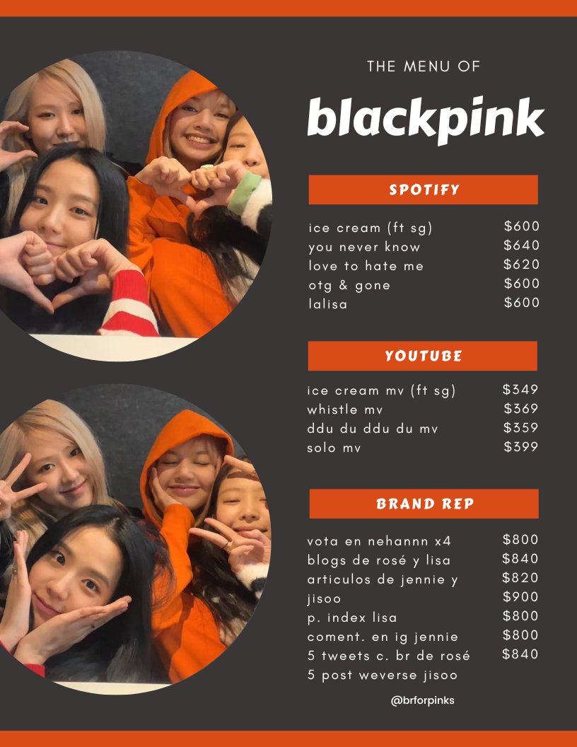 brforpinks's tweet photo. 📃𓂃𓈒𔓘 the menu of blackpink

dinámica para el stream y br de BLACKPINK

—
블랙핑크 #BLACKPINK #블랙핑크 @BLACKPINK https://t.co/8XvOM1Ouwf