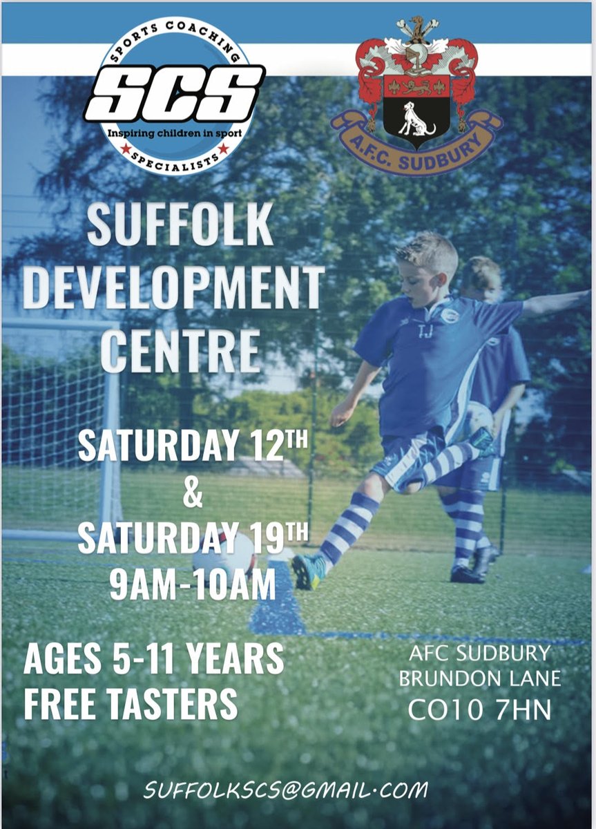 SCScoaches's tweet photo. Exciting news!!!!! 

Just a few days away now for our Brand new SCS Suffolk development centre. 

First free taster session starting this Saturday 12th February 9am-10am 

A fantastic NEW centre for children to development there skills and match play. 
#IMPROVEYOURGAME https://t.co/3jtOPXFaMq