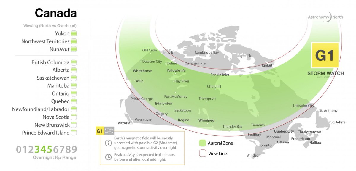 ACTIVE SKIES! Observers in YT NT NU AB SK MB and northern BC ON QC NL be on alert for active auroras this evening and overnight. A 24hr G1 (Minor) Geomagnetic Storm Watch is now in effect. 
#auroraborealis #spaceweather @cbcnorth <a href="/CabinRadio/">Cabin Radio</a> <a href="/yukonnews/">Yukon News</a> @WhitehorseStar <a href="/NNSLonline/">NNSL Online</a>