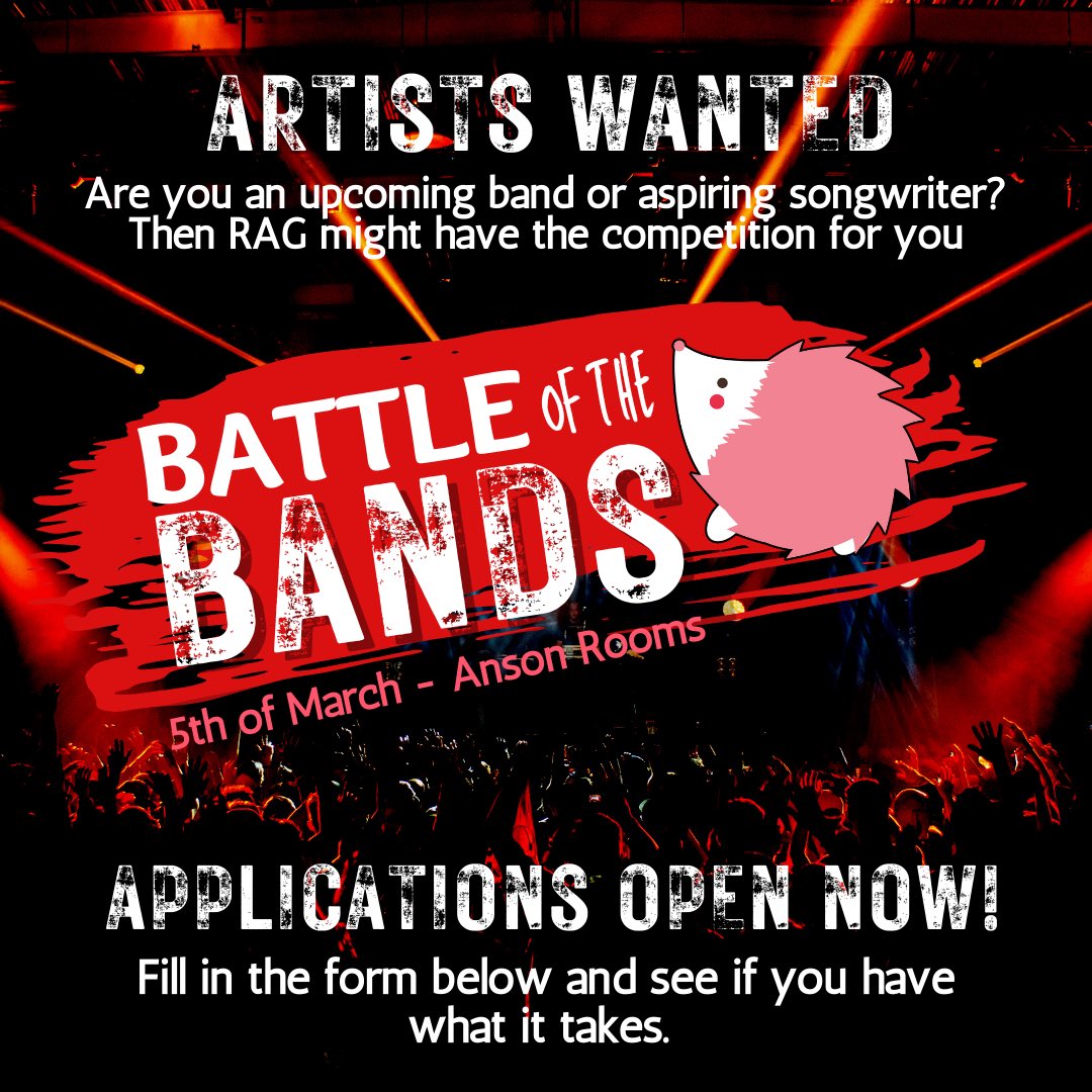 Are you a Bristol based band or solo artist?
**BRISTOL RAG NEEDS YOU!**

Sign up NOW to apply to be one of 6 performers at RAG’s Battle of the Bands on March 5th!
Those who are shortlisted will be contacted by the 17th of February.
GOOD LUCK!🎤🎸🌟

forms.office.com/r/5BC6bcNHh8