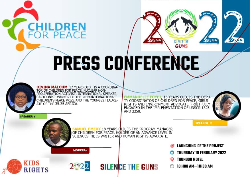 YouthDeliver's tweet photo. 📢 TOMORROW: @Children4peaceC, founded by @WomenDeliver Young Leader &amp; 2019 International Children's Peace Prize winner Davina Maloum of Cameroon 🇨🇲, launches phase 2️⃣ of the Silence the Guns project with a press conference at 10 AM WAT.

Tune in here 👇 
https://t.co/UJUdbl8fTh https://t.co/QW69J1BSSH
