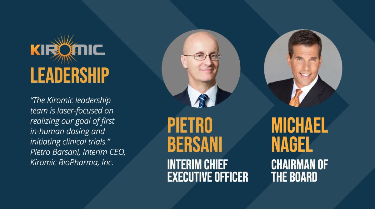 KiromicBioPharm's tweet photo. Kiromic is laser-focused on our goals. We appointed Pietro Bersani as Interim CEO, Michael Nagel as Chairman, and Frank Tirelli and Karen Reeves MD to the Board. We believe that their knowledge and experience will accelerate our progress in 2022. https://t.co/hQervAU8cN https://t.co/kV1kS87CW5