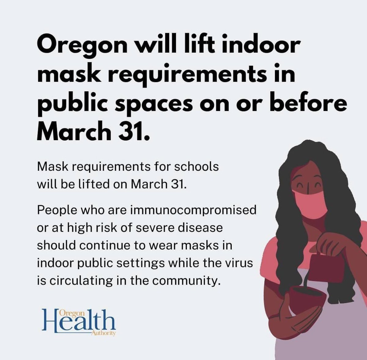 Mask requirements for schools will remain in place until March 31 to give children time to get fully vaccinated before masks are no longer required in schools.
The mask requirement for health care workers will not be lifted March 31.
COVID Vaccines and COVID Testing,