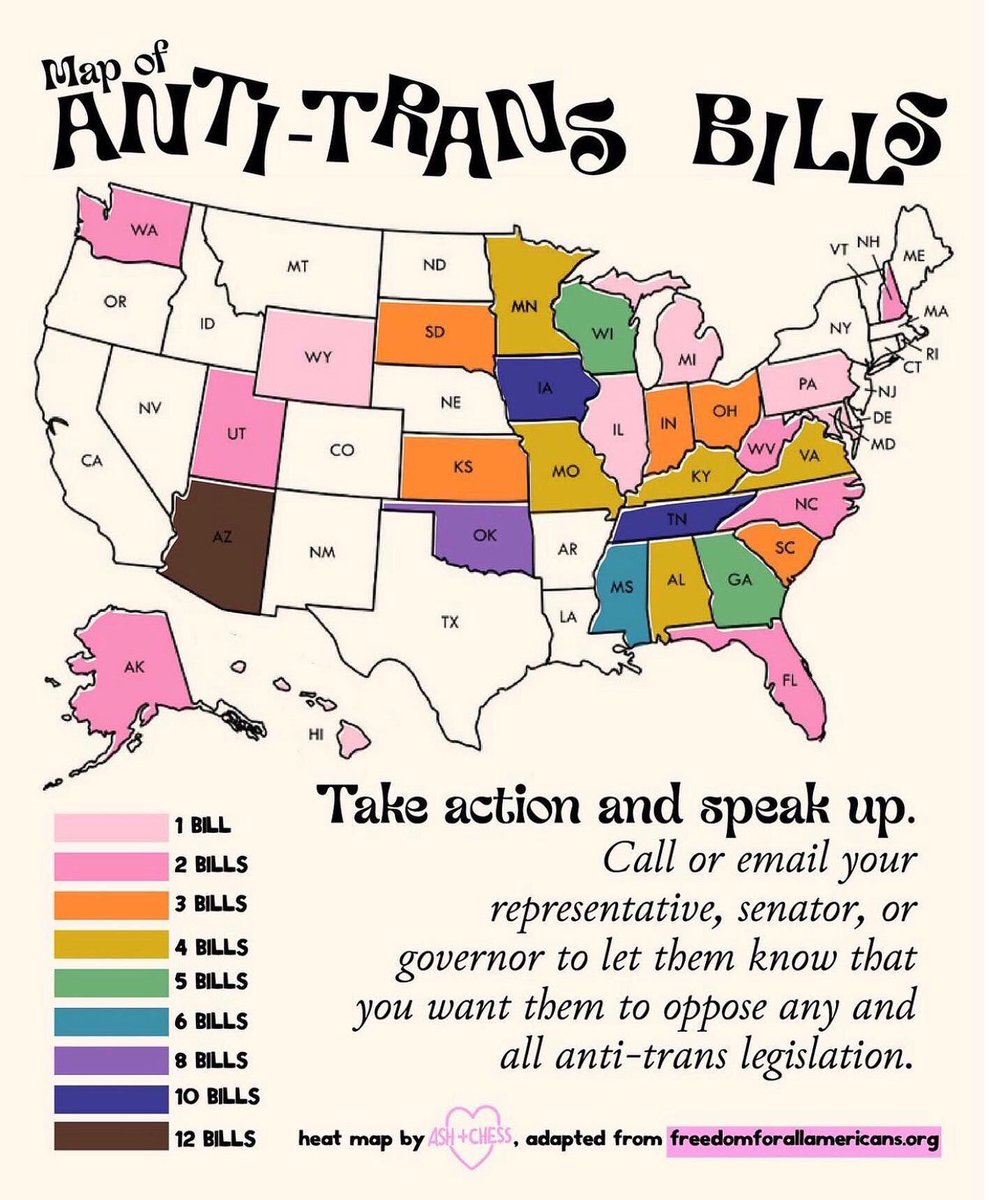 genderandfamily's tweet photo. Thank you @ashandchess for this helpful map illustrating where anti-trans bills are currently being pushed in the United States. 

Most of these bills target trans and non-binary youths in healthcare, sports, and other rights. Reach out to your legislators and fight these bills! https://t.co/8l2dgFPJGq