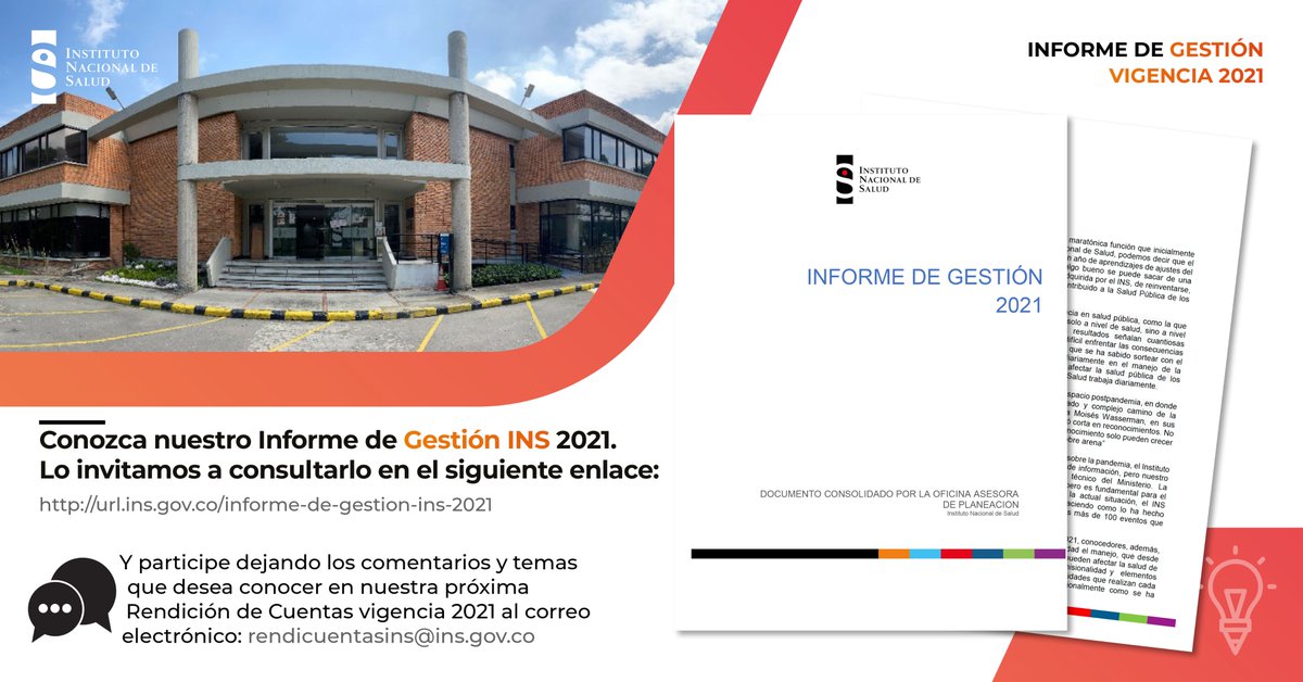 INSColombia's tweet photo. Te compartimos nuestro #InformeGestiónINS2021 #INSConfiable
Consúltalo aquí:
https://t.co/20bjbYYVAb
Envíanos tus inquietudes a este correo:
rendicuentasins@ins.gov.co https://t.co/cJ3Hw7XMbi